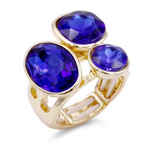 Gold Plated With 3 Blue Crystal Stretch Ring