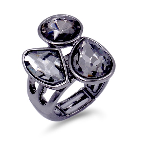 Gunmetal Plated With 3 Black Diamond Crystal Stretch Ring