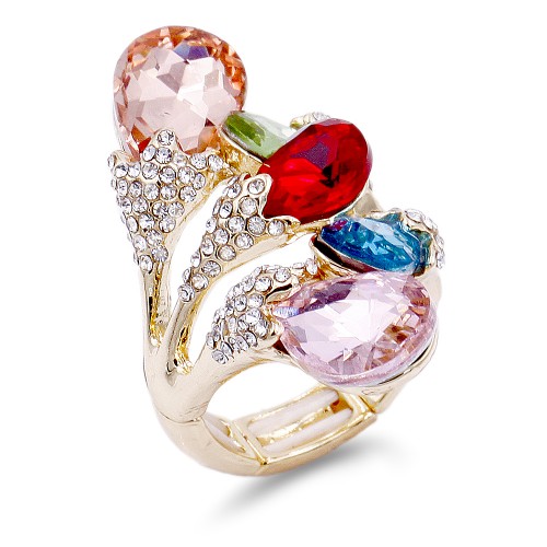 Gold Plated 5 Colors Crystal drop shape w/. CZ Stretch Ring
