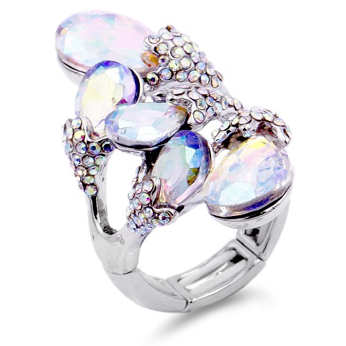 Rhodium Plated 5 AB Crystals drop shape with CZ Stretch Ring