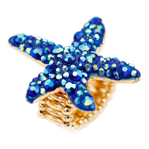 Gold Plated With Blue AB Crystal Starfish Stretch Ring