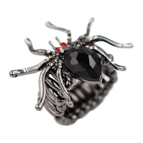 Gunmetal Plated With Jet Black Crystal Spider Stretch Rings