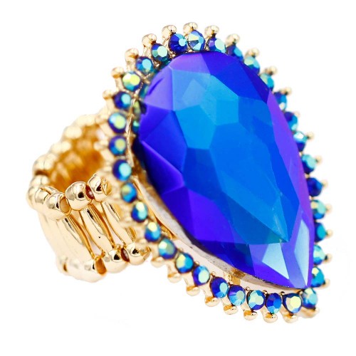 Gold Plated With Blue AB Crystal Tear Drop Stretch Rings