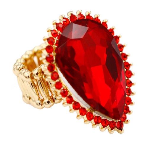 Gold Plated With Red Color Crystal Tear Drop Stretch Rings