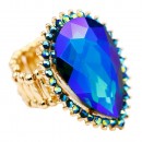 Gold Plated With Blue AB Crystal Tear Drop Stretch Rings
