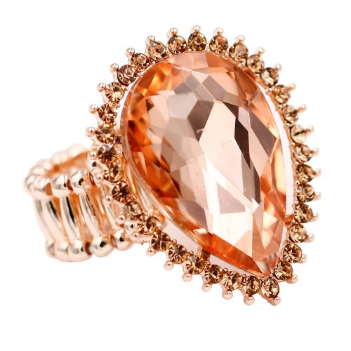 Rose Gold Plated With Peach Color Crystal Tear Drop Stretch Rings