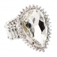 Rhodium Plated With Clear Crystal Tear Drop Stretch Rings