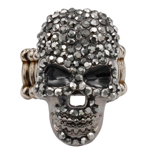 Gunmetal Plated With Hematite Color Crystal Skull Stretch Rings