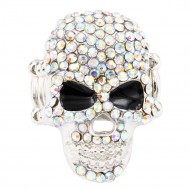 Rhodium Plated With AB Crystal Skull Stretch Rings