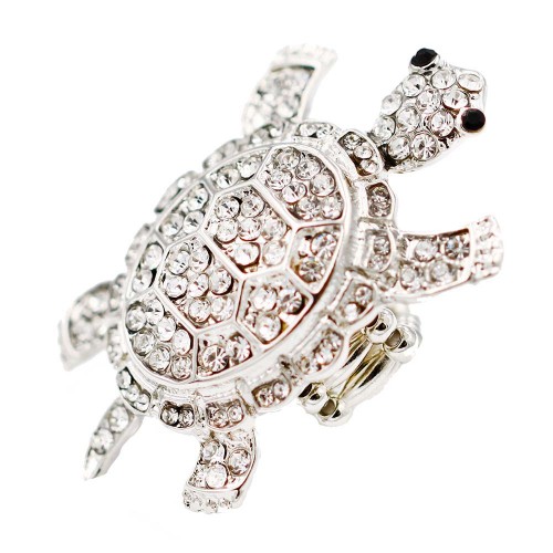 Rhodium Plated With Clear Crystal Turtle Stretch Rings