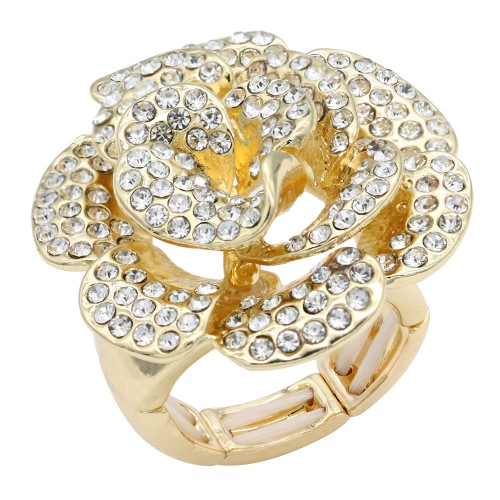 Gold Plated With Clear Crystal Flower Stretch Rings