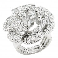 Rhodium Plated With Clear Stone Flower Stretch Rings