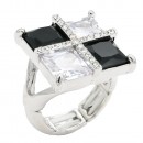 Rhodium Color With Black and Clear CZ Stone Stretch Rings Rhodium Color With Black and Clear CZ Stone Stretch Rings