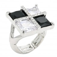 Rhodium Color With Black and Clear CZ Stone Stretch Rings