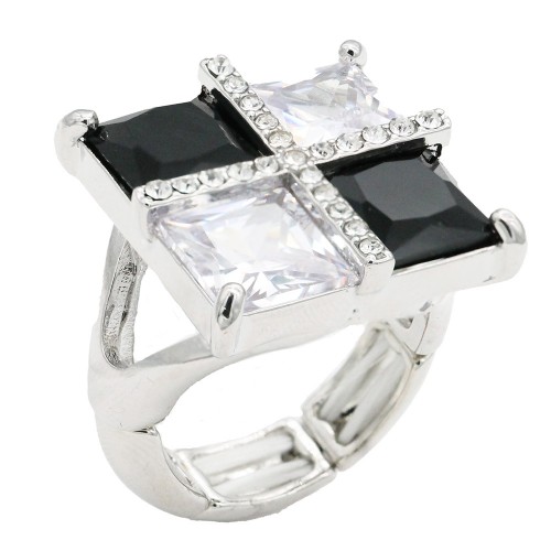 Rhodium Color With Black and Clear CZ Stone Stretch Rings Rhodium Color With Black and Clear CZ Stone Stretch Rings