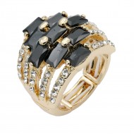 Gold Plated With Jet Black Crystal Stretch Rings