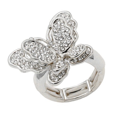 Rhodium Color With Clear Stone Butterfly Stretch Rings Rhodium Color With Clear Stone Butterfly Stretch Rings