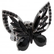 Gun Metal Plated With Black Diamond Crystal Butterfly Stretch Rings