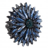 Jet Black Plated With Montana Blue Crystal Two Layers Radiant Floral Stretch Rings