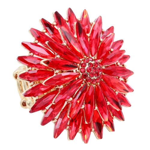 Gold Plated With Red Crystal Two Layers Radiant Floral Stretch Rings