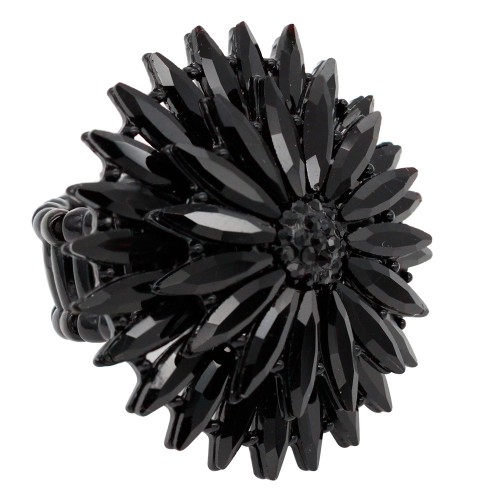 Jet Black Plated With Jet Crystal Two Layers Radiant Floral Stretch Rings