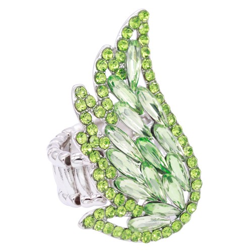 Rhodium Plated With Green Crystal Angel Wing Stretch Rings