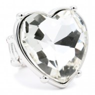 Rhodium Plated With Clear Crystal Heart Shape Stretch Rings
