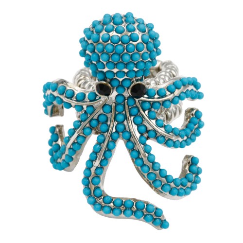 Rhodium Plated Octopus Stretch Rings with Turquoise Crystal
