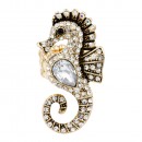 Antique Silver Plated with Aqua Crystal Seahorse Stretch Rings