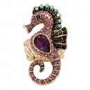 Antique Gold Plated with Emerald Green Crystal Seahorse Stretch Rings