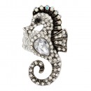 Antique Silver Plated with Aqua Crystal Seahorse Stretch Rings