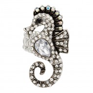 Antique Silver Plated with Clear Crystal Seahorse Stretch Rings