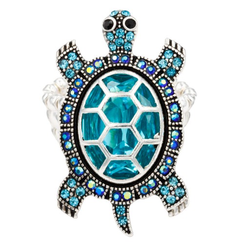 Antique Silver Plated with Aqua Crystal Turtle Stretch Rings