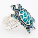 Antique Silver Plated with Aqua Crystal Turtle Stretch Rings