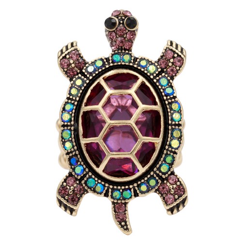 Gold Plated with Purple Crystal Turtle Stretch Rings