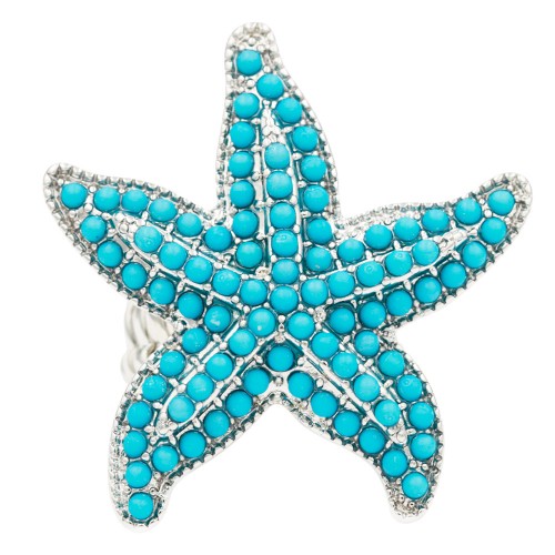 Rhodium Plated with Turquoise Crystal Starfish Stretch Rings
