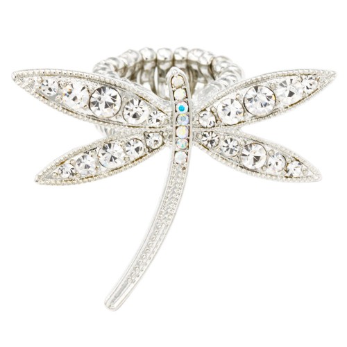Rhodium Plated with Clear Crystal Dragonfly Stretch Rings