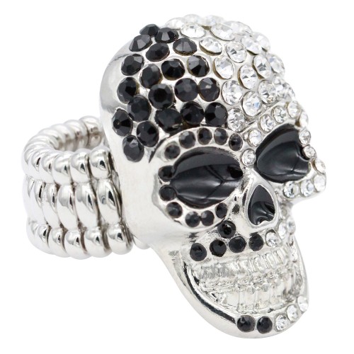 Rhodium Plated With Clear Black Crystal Skull Stretch Rings