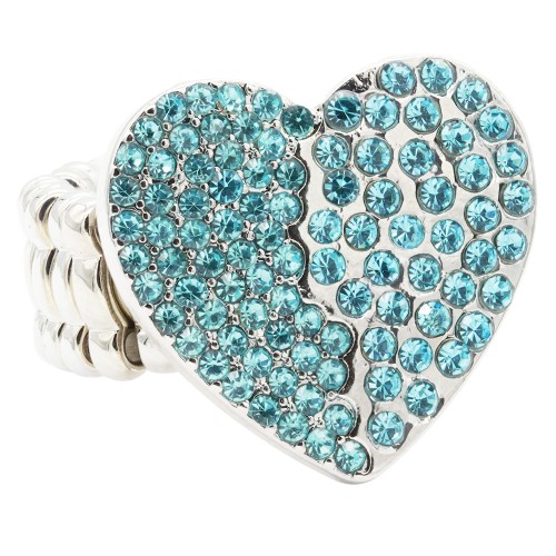 Rhodium Plated With Aqua Color Crystal Heart Stretch Rings