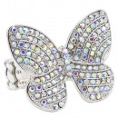 Rhodium Plated With Aqua Color Crystal Butterfly Stretch Rings