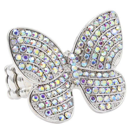 Rhodium Plated With AB Crystal Butterfly Stretch Rings