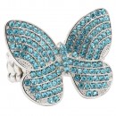 Rhodium Plated With Aqua Color Crystal Butterfly Stretch Rings
