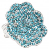 Rhodium Plated With Aqua Color Crystal Rose Pave Stretch Rings