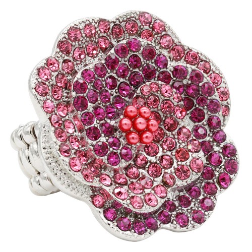 Rhodium Plated With Pink Color Crystal Rose Pave Stretch Rings