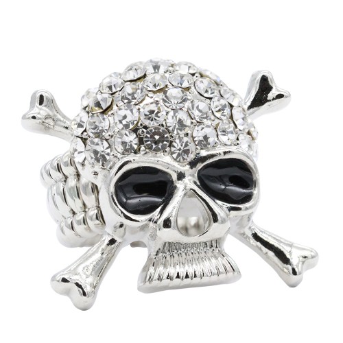 Rhodium Plated With Clear Crystal Skull Stretch Rings