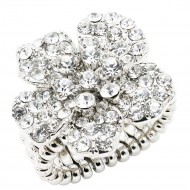 Rhodium Plated With Clear Crystal Flower Stretch Rings