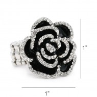 Rhodium Plated With Black Rose Flower Stretch Rings