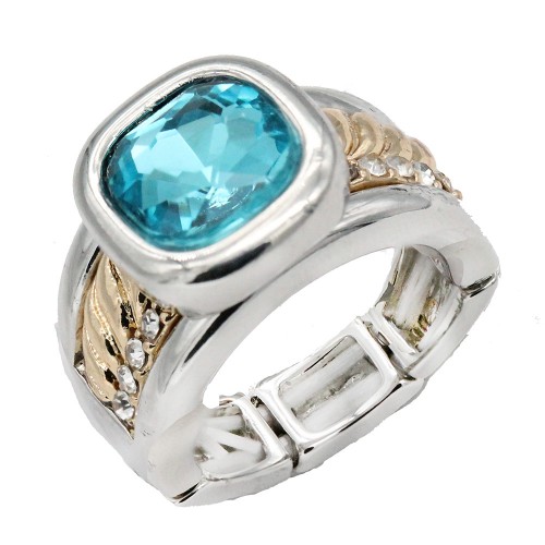 Rhodium Plated With Aqua Crystal Stretch Rings