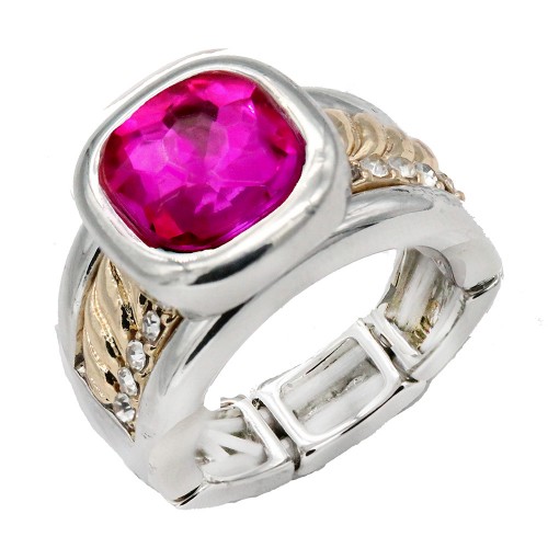 Rhodium Plated With Fuchsia Crystal Stretch Rings