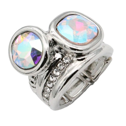 Rhodium Plated With Clear & Clear  Combination Crystal Stretch Rings